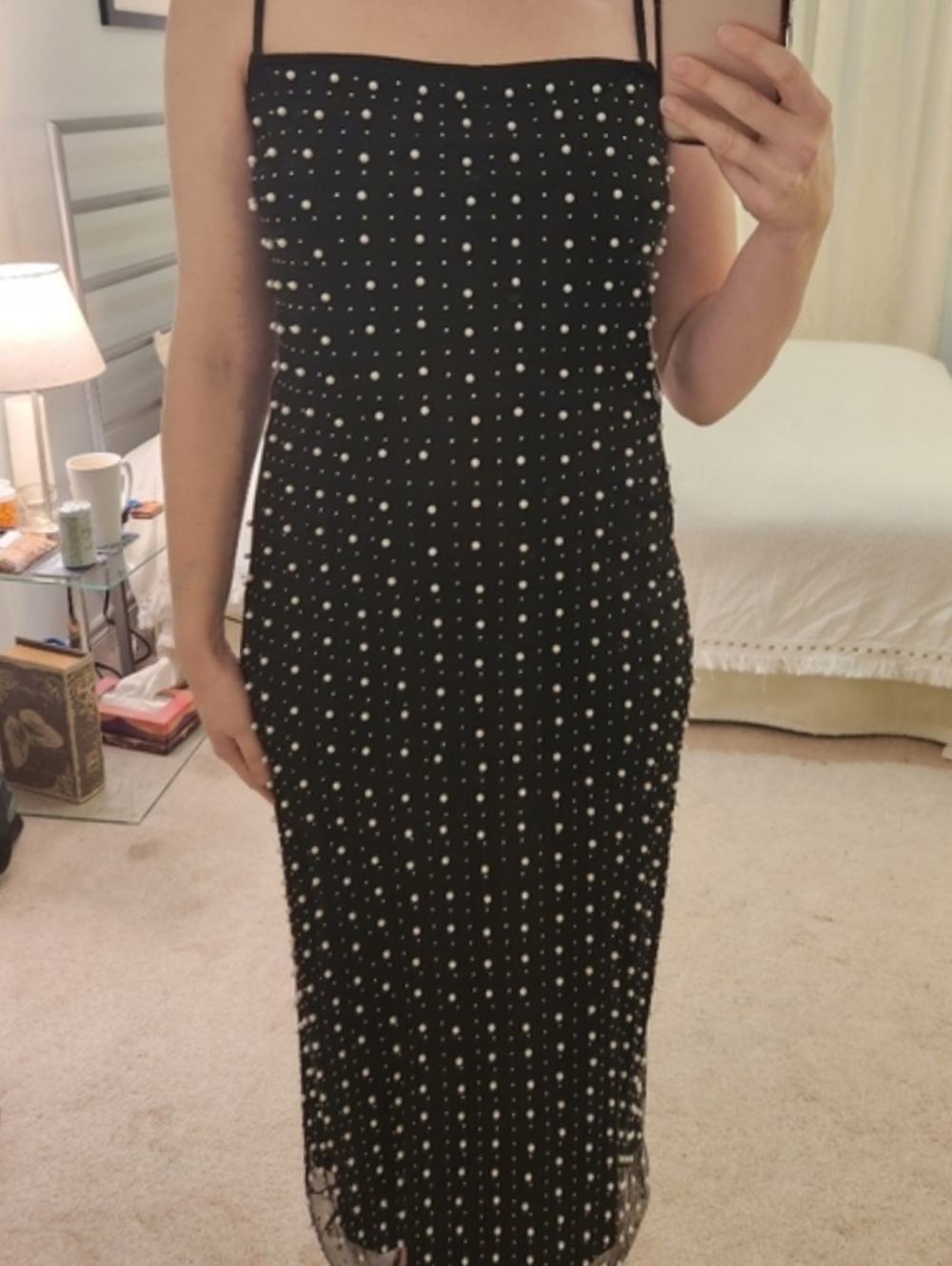 Black Pearl Studded Midi Slip Dress with Spaghetti Straps